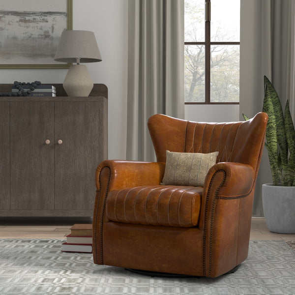 Sarreid Bugatti Leather Swivel Chair In Elegant Cuba Brown - Stylish Wood Frame With Nailhead Detailing Brown  54110