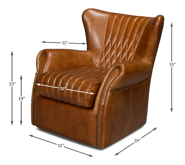 Sarreid Bugatti Leather Swivel Chair In Elegant Cuba Brown - Stylish Wood Frame With Nailhead Detailing Brown  54110