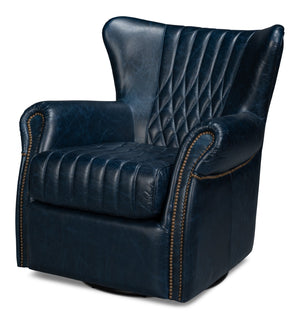 Sarreid Bugatti Leather Swivel Chair In Chateau Blue - Elegant Design With Nailhead Trim And Wood Accents Blue  54112