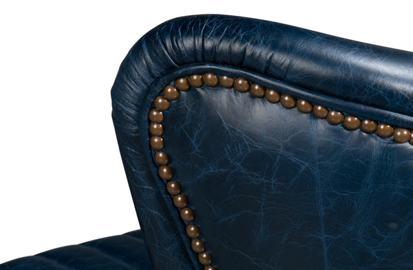 Sarreid Bugatti Leather Swivel Chair In Chateau Blue - Elegant Design With Nailhead Trim And Wood Accents Blue  54112