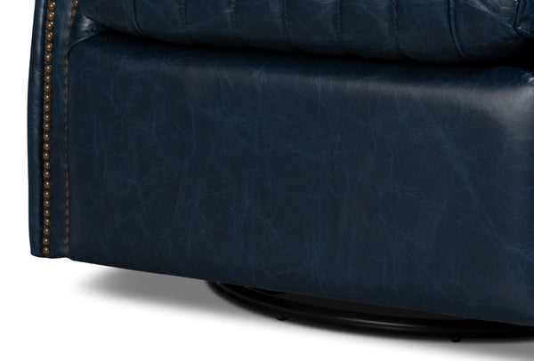 Sarreid Bugatti Leather Swivel Chair In Chateau Blue - Elegant Design With Nailhead Trim And Wood Accents Blue  54112