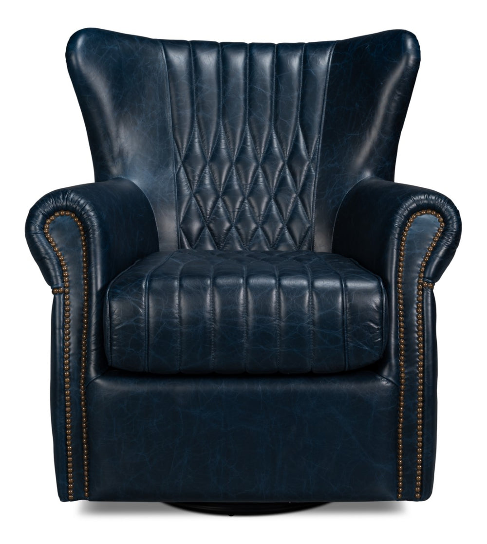 Sarreid Bugatti Leather Swivel Chair In Chateau Blue - Elegant Design With Nailhead Trim And Wood Accents Blue  54112