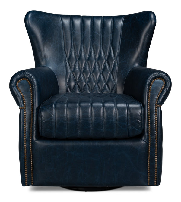 Sarreid Bugatti Leather Swivel Chair In Chateau Blue - Elegant Design With Nailhead Trim And Wood Accents Blue  54112