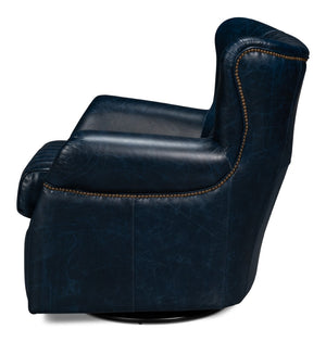 Sarreid Bugatti Leather Swivel Chair In Chateau Blue - Elegant Design With Nailhead Trim And Wood Accents Blue  54112