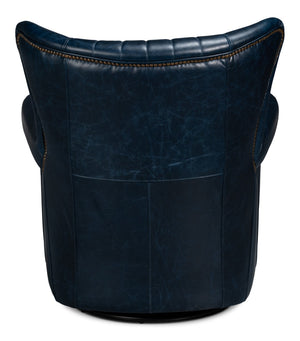 Sarreid Bugatti Leather Swivel Chair In Chateau Blue - Elegant Design With Nailhead Trim And Wood Accents Blue  54112