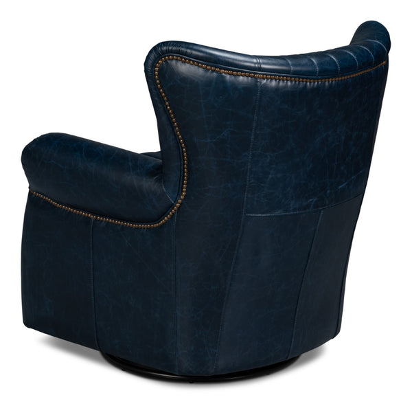 Sarreid Bugatti Leather Swivel Chair In Chateau Blue - Elegant Design With Nailhead Trim And Wood Accents Blue  54112