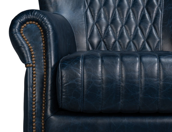Sarreid Bugatti Leather Swivel Chair In Chateau Blue - Elegant Design With Nailhead Trim And Wood Accents Blue  54112