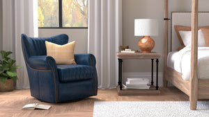 Sarreid Bugatti Leather Swivel Chair In Chateau Blue - Elegant Design With Nailhead Trim And Wood Accents Blue  54112