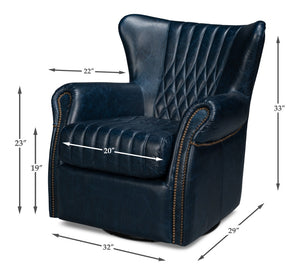 Sarreid Bugatti Leather Swivel Chair In Chateau Blue - Elegant Design With Nailhead Trim And Wood Accents Blue  54112