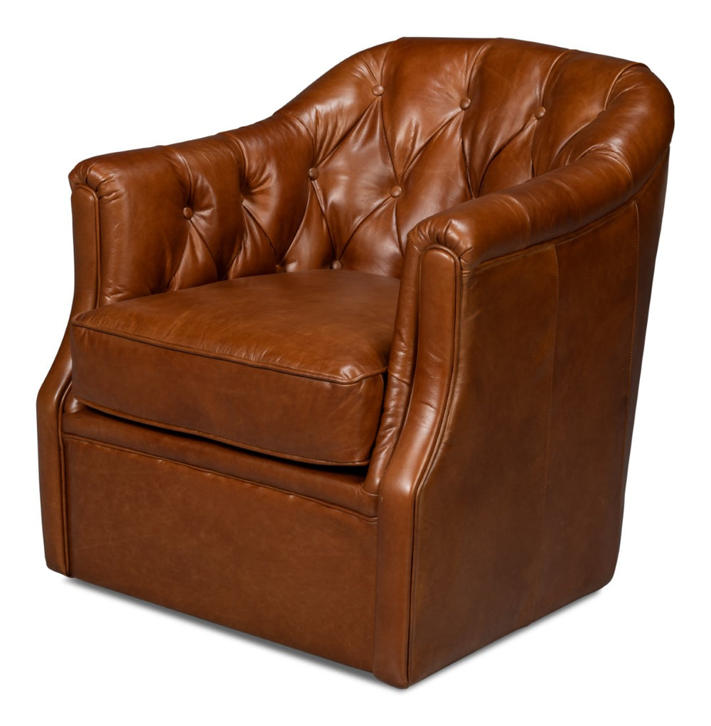 Sarreid Coolidge Leather Swivel Chair In Rich Havana Brown With Elegant Wood And Nailhead Details Brown  54114