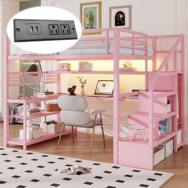 English Elm Full Size Steel Loft Bed with Staircase Storage Wardrobe Desk and Led Lighting Pink W2593S00077