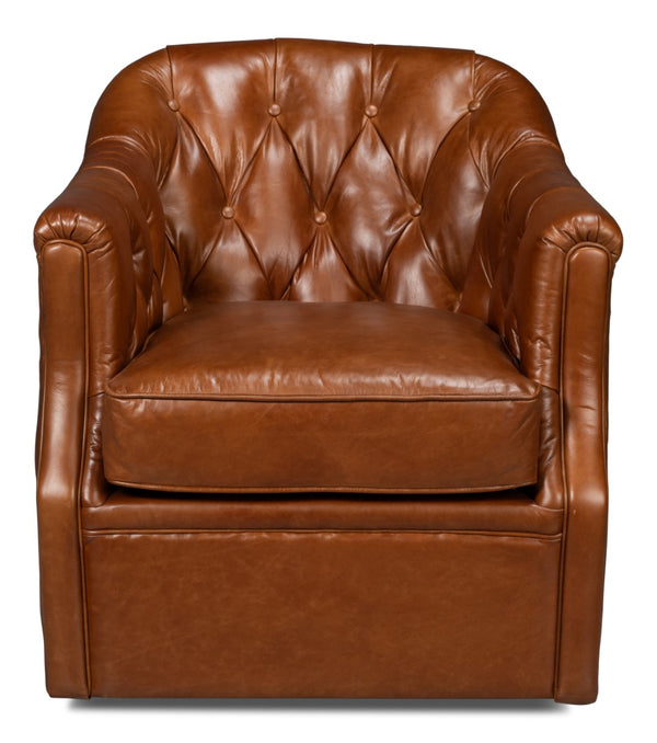 Sarreid Coolidge Leather Swivel Chair In Rich Havana Brown With Elegant Wood And Nailhead Details Brown  54114