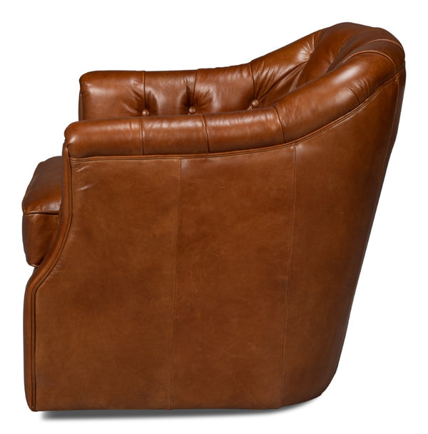 Sarreid Coolidge Leather Swivel Chair In Rich Havana Brown With Elegant Wood And Nailhead Details Brown  54114