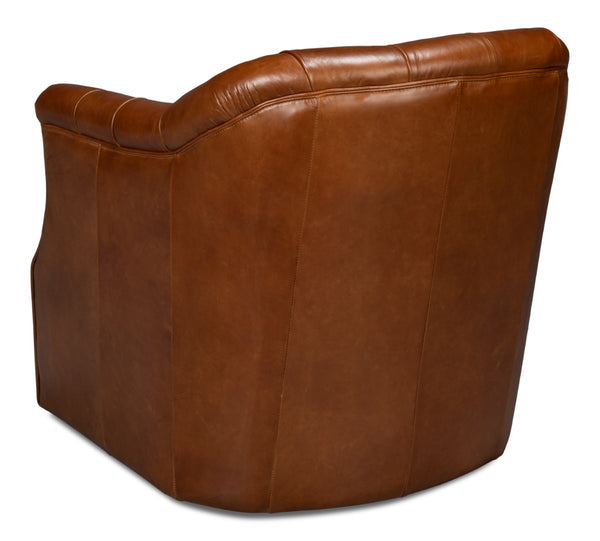 Sarreid Coolidge Leather Swivel Chair In Rich Havana Brown With Elegant Wood And Nailhead Details Brown  54114