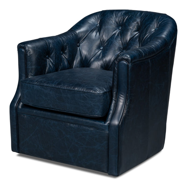 Sarreid Coolidge Leather Swivel Chair In Chateau Blue – Elegant Design With Nailhead Trim & Wood Base Blue  54115