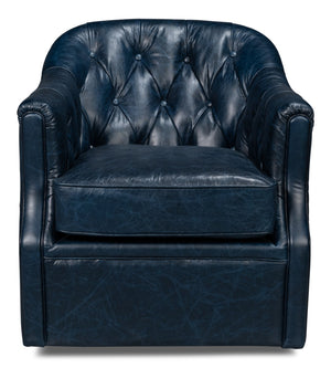 Sarreid Coolidge Leather Swivel Chair In Chateau Blue – Elegant Design With Nailhead Trim & Wood Base Blue  54115