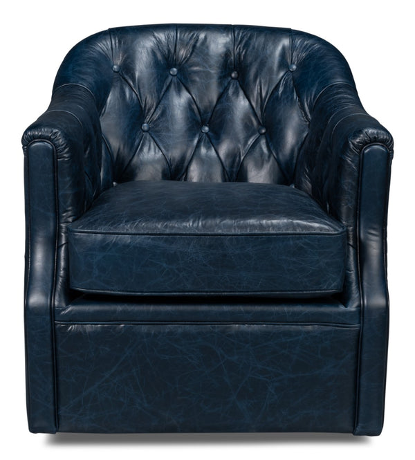 Sarreid Coolidge Leather Swivel Chair In Chateau Blue – Elegant Design With Nailhead Trim & Wood Base Blue  54115