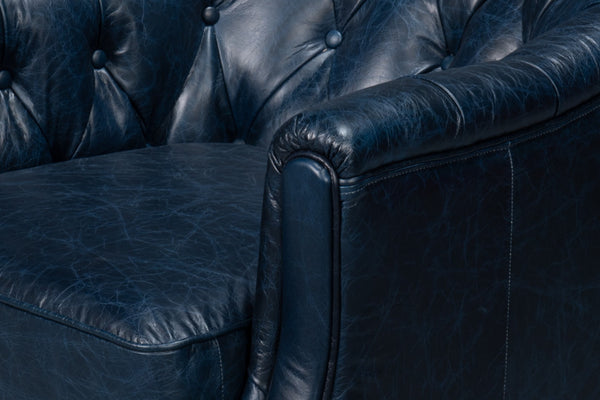 Sarreid Coolidge Leather Swivel Chair In Chateau Blue – Elegant Design With Nailhead Trim & Wood Base Blue  54115