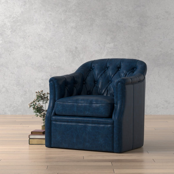 Sarreid Coolidge Leather Swivel Chair In Chateau Blue – Elegant Design With Nailhead Trim & Wood Base Blue  54115