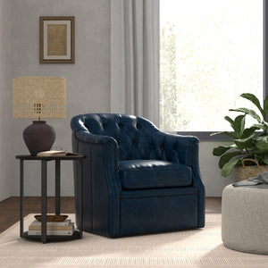 Sarreid Coolidge Leather Swivel Chair In Chateau Blue – Elegant Design With Nailhead Trim & Wood Base Blue  54115