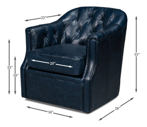 Sarreid Coolidge Leather Swivel Chair In Chateau Blue – Elegant Design With Nailhead Trim & Wood Base Blue  54115