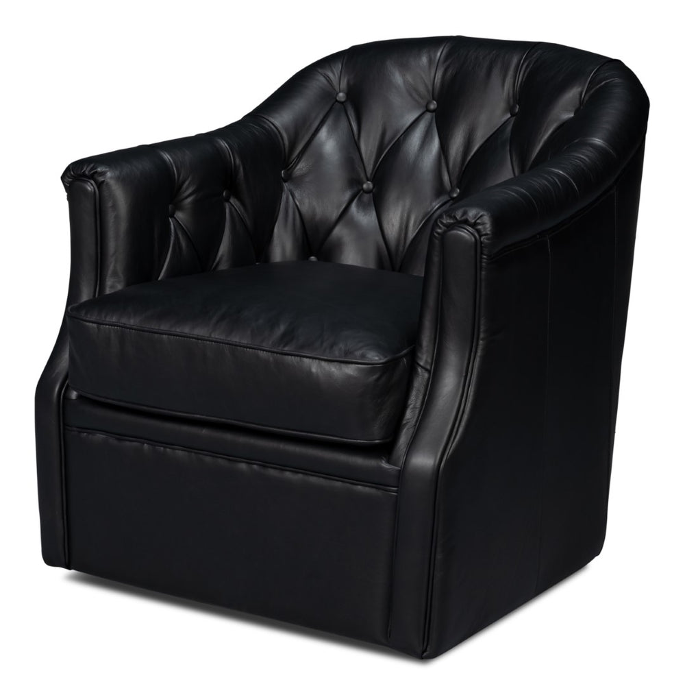 Sarreid Coolidge Leather Swivel Chair In Onyx Black - Stylish Comfort With Wood Accents & Nailhead Trim Black  54116
