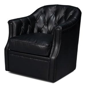 Sarreid Coolidge Leather Swivel Chair In Onyx Black - Stylish Comfort With Wood Accents & Nailhead Trim Black  54116