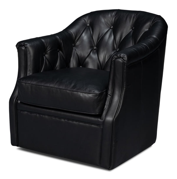 Sarreid Coolidge Leather Swivel Chair In Onyx Black - Stylish Comfort With Wood Accents & Nailhead Trim Black  54116