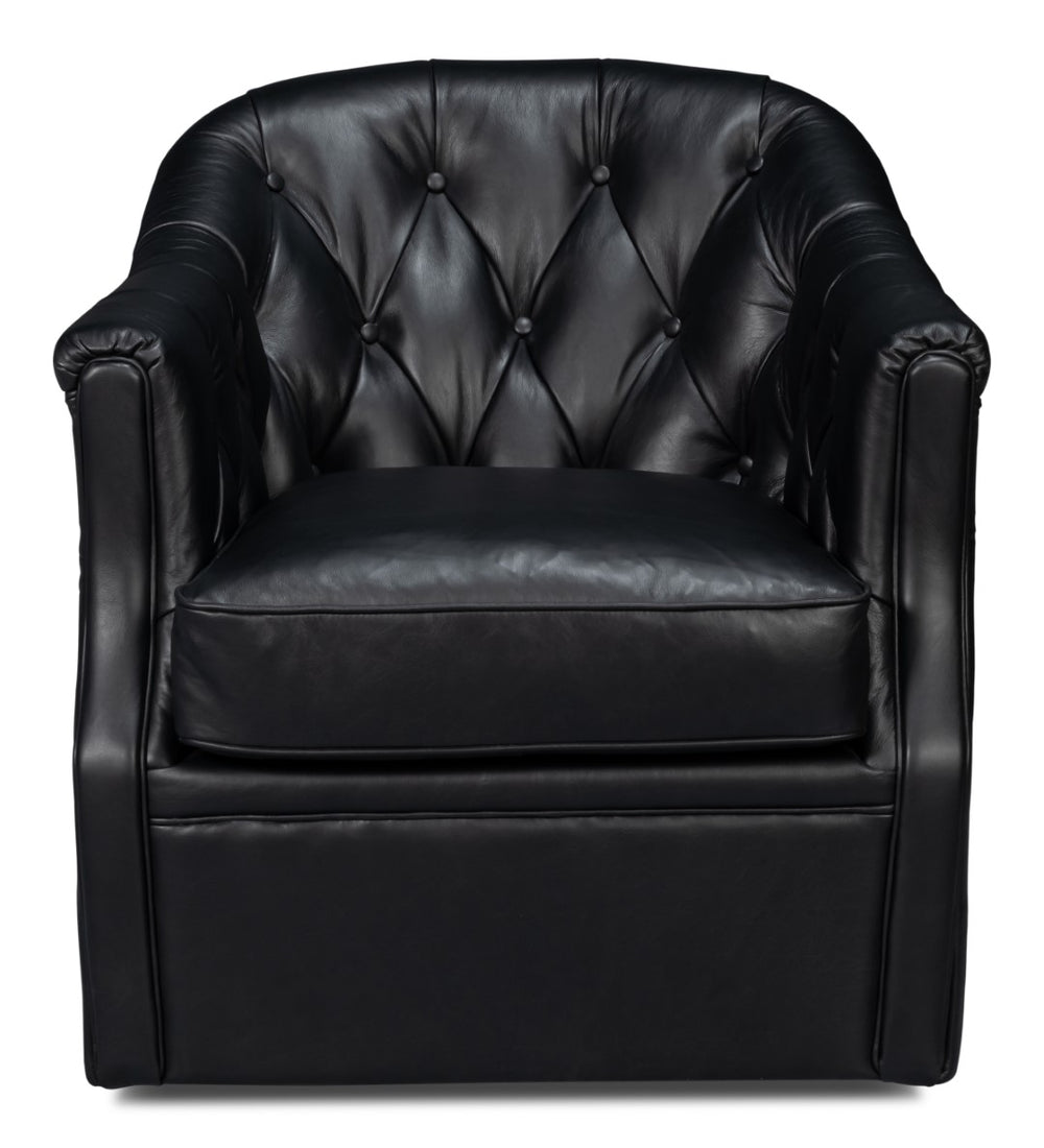 Sarreid Coolidge Leather Swivel Chair In Onyx Black - Stylish Comfort With Wood Accents & Nailhead Trim Black  54116