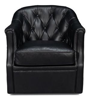Sarreid Coolidge Leather Swivel Chair In Onyx Black - Stylish Comfort With Wood Accents & Nailhead Trim Black  54116