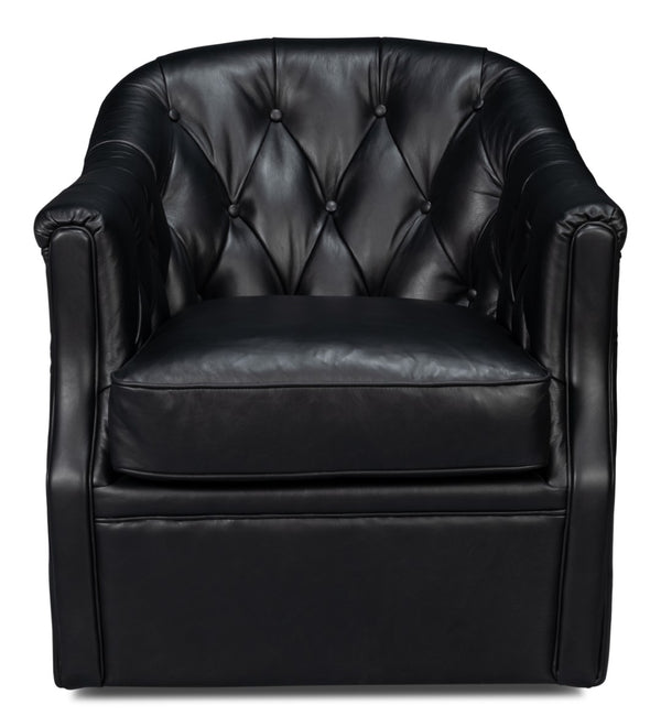 Sarreid Coolidge Leather Swivel Chair In Onyx Black - Stylish Comfort With Wood Accents & Nailhead Trim Black  54116