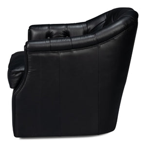 Sarreid Coolidge Leather Swivel Chair In Onyx Black - Stylish Comfort With Wood Accents & Nailhead Trim Black  54116