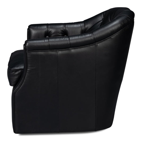 Sarreid Coolidge Leather Swivel Chair In Onyx Black - Stylish Comfort With Wood Accents & Nailhead Trim Black  54116
