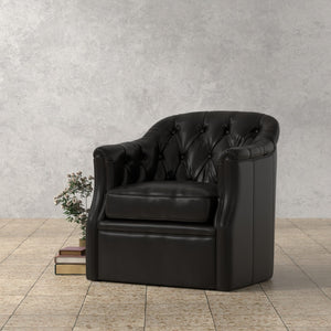 Sarreid Coolidge Leather Swivel Chair In Onyx Black - Stylish Comfort With Wood Accents & Nailhead Trim Black  54116