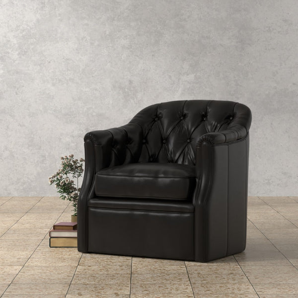 Sarreid Coolidge Leather Swivel Chair In Onyx Black - Stylish Comfort With Wood Accents & Nailhead Trim Black  54116