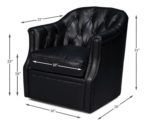 Sarreid Coolidge Leather Swivel Chair In Onyx Black - Stylish Comfort With Wood Accents & Nailhead Trim Black  54116