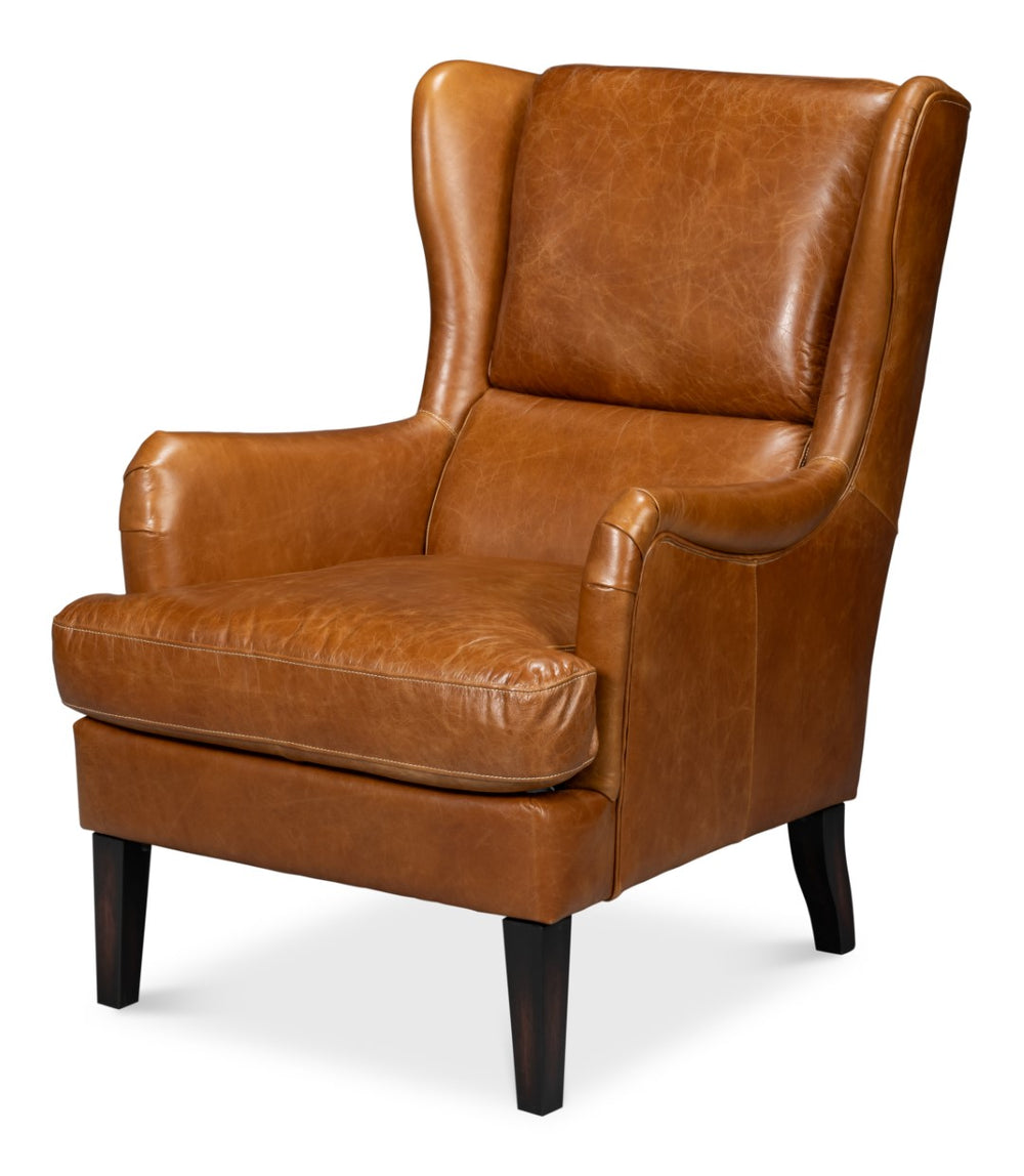 Sarreid Elite Wing Lounge Chair In Luxurious Cuba Brown Leather - Premium Comfort With Sturdy Rubber Wood Brown  54119