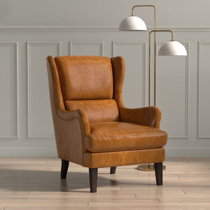 Sarreid Elite Wing Lounge Chair In Luxurious Cuba Brown Leather - Premium Comfort With Sturdy Rubber Wood Brown  54119