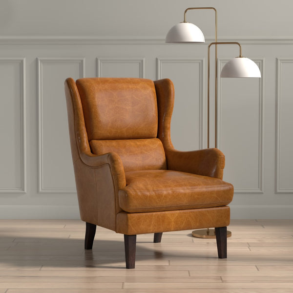 Sarreid Elite Wing Lounge Chair In Luxurious Cuba Brown Leather - Premium Comfort With Sturdy Rubber Wood Brown  54119