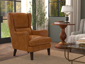 Sarreid Elite Wing Lounge Chair In Luxurious Cuba Brown Leather - Premium Comfort With Sturdy Rubber Wood Brown  54119