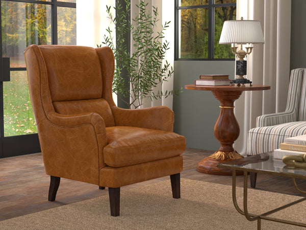 Sarreid Elite Wing Lounge Chair In Luxurious Cuba Brown Leather - Premium Comfort With Sturdy Rubber Wood Brown  54119