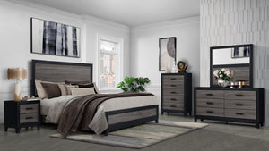 English Elm SOLUTO Modern Two-Tone Full Bed Frame with Solid Wood & MDF Construction, Rustic Gray Inlay Finish Black+ Gray 65.75 L x 37.44 W x 6.3 H B201P215853