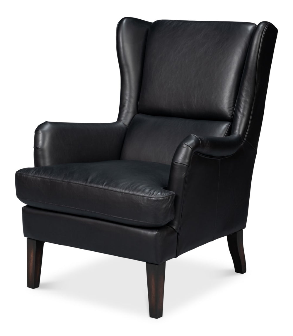 Sarreid Elite Wing Lounge Chair In Onyx Black – Luxurious Top Grain Leather & Sturdy Rubber Wood Frame Black  54120