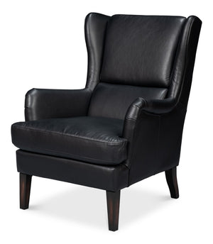 Sarreid Elite Wing Lounge Chair In Onyx Black – Luxurious Top Grain Leather & Sturdy Rubber Wood Frame Black  54120