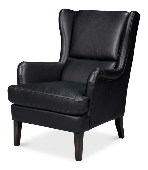 Sarreid Elite Wing Lounge Chair In Onyx Black – Luxurious Top Grain Leather & Sturdy Rubber Wood Frame Black  54120