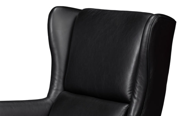 Sarreid Elite Wing Lounge Chair In Onyx Black – Luxurious Top Grain Leather & Sturdy Rubber Wood Frame Black  54120