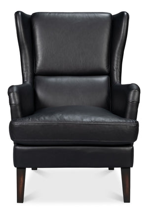 Sarreid Elite Wing Lounge Chair In Onyx Black – Luxurious Top Grain Leather & Sturdy Rubber Wood Frame Black  54120