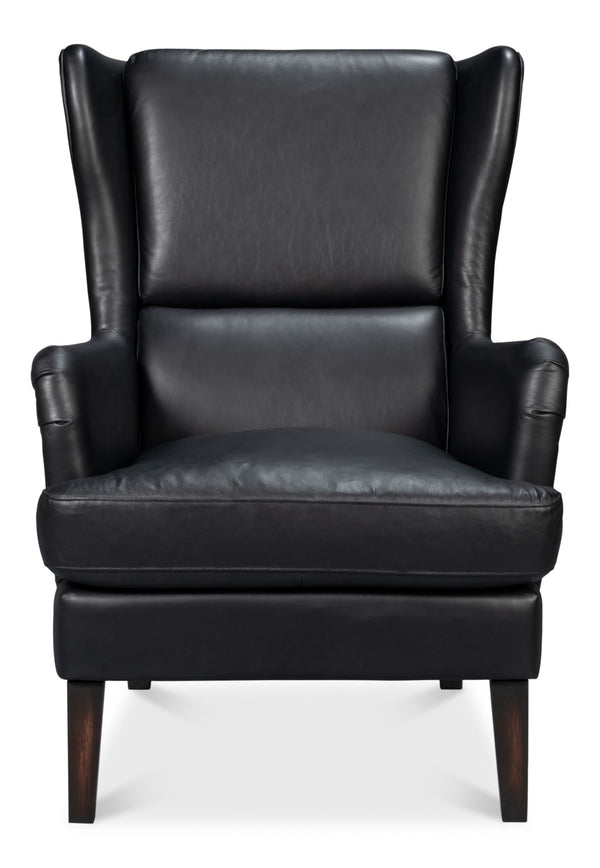 Sarreid Elite Wing Lounge Chair In Onyx Black – Luxurious Top Grain Leather & Sturdy Rubber Wood Frame Black  54120