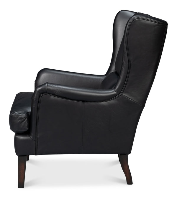 Sarreid Elite Wing Lounge Chair In Onyx Black – Luxurious Top Grain Leather & Sturdy Rubber Wood Frame Black  54120