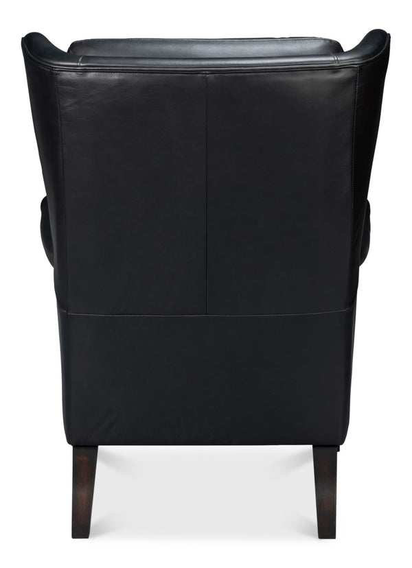 Sarreid Elite Wing Lounge Chair In Onyx Black – Luxurious Top Grain Leather & Sturdy Rubber Wood Frame Black  54120